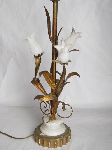 hollywood regency vintage Italian tole table lamp, antique gold metal w/ alabaster roses