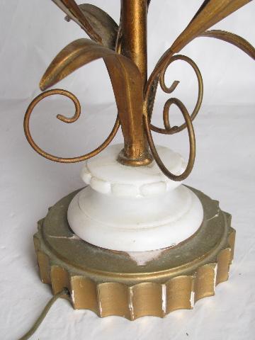 hollywood regency vintage Italian tole table lamp, antique gold metal w/ alabaster roses
