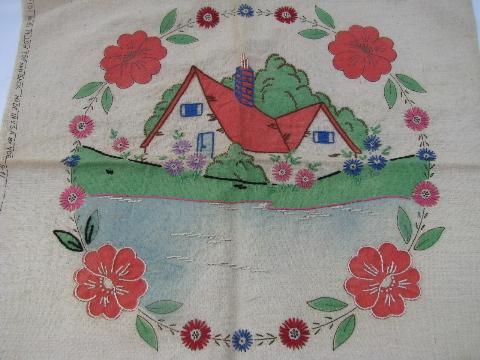 home sweet home pillow cover, vintage 1930s - 40s tinted embroidery on cotton