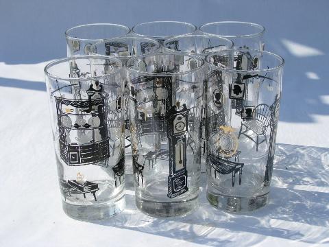homestead country antiques print glass tumblers, set of 8 glasses