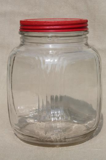 hoosier vintage glass jars w/ red painted metal lids, pantry storage jars or kitchen canisters