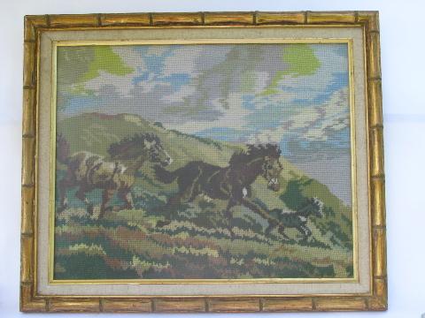 horses running free, vintage wool needlepoint horse picture, large gold frame
