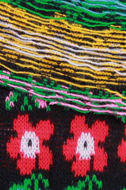 hot knits vintage acrylic sweater fabric tube knit, folk flowers on black