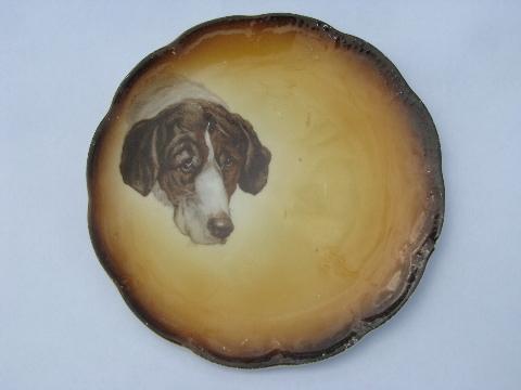 hound & terrier dog, early 1900s antique vintage china plates w/ hunting dogs