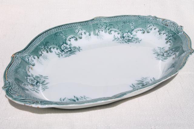 huge antique china tray or platter w/ 1897 date, vintage transferware aqua blue green