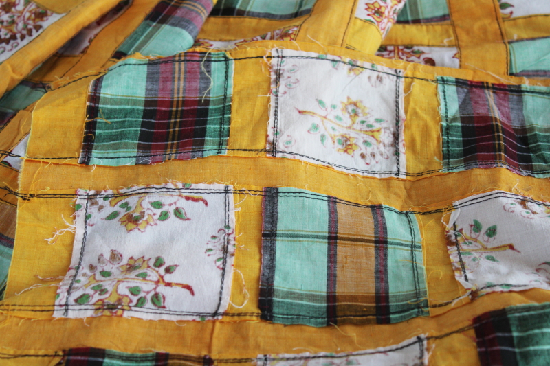 huge farmhouse table runner cloth, rustic vintage patchwork quilt top, harvest gold  green plaid