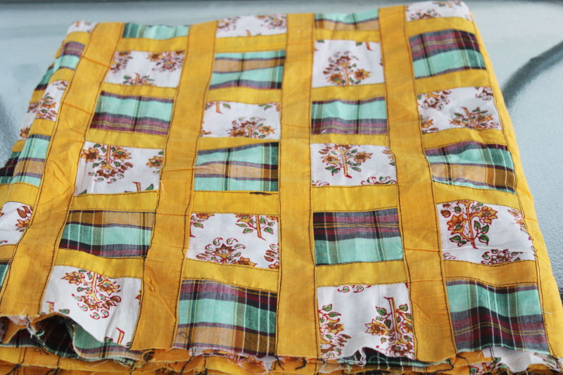 huge farmhouse table runner cloth, rustic vintage patchwork quilt top, harvest gold  green plaid