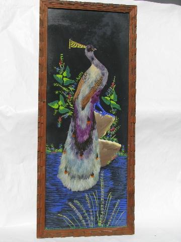 huge feather bird pictures in carved wood frames, vintage Mexico