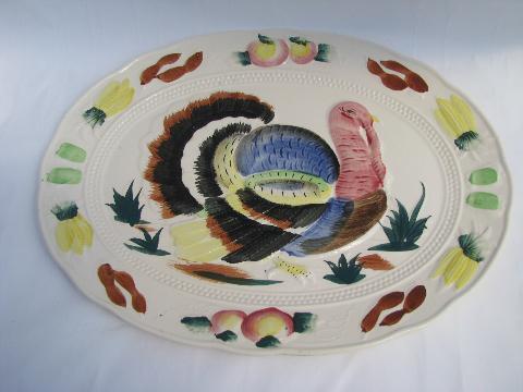 huge hand-painted Thanksgiving turkey platter, vintage Japan