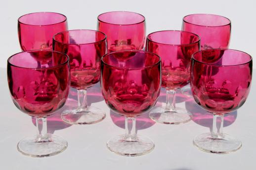 huge hoffman house thumbprint glass goblets / wine glasses, ruby stain flashed color clear stem