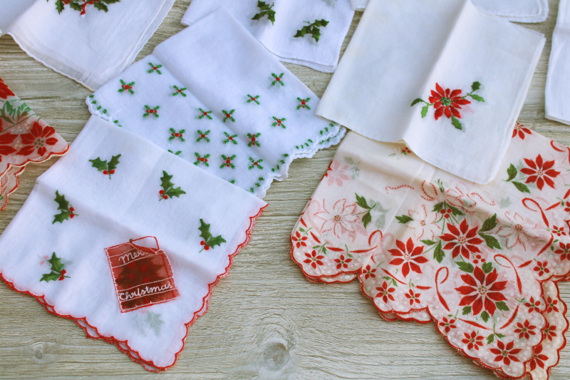 huge lot Christmas theme vintage hankies, holiday prints and embroidered handkerchiefs