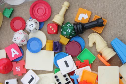 huge lot of assorted vintage game parts - playing pieces, tiles, dice, chips & counters