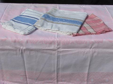 huge lot of vintage cotton and/or rayon damask table linens, 19 colored tablecloths+