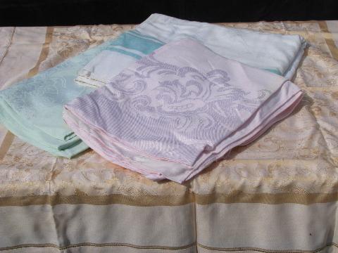 huge lot of vintage cotton and/or rayon damask table linens, 19 colored tablecloths+