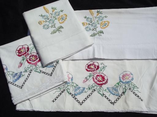 huge lot of vintage embroidered pillowcases w/crocheted lace, 10 pairs