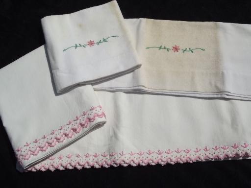 huge lot of vintage embroidered pillowcases w/crocheted lace, 10 pairs