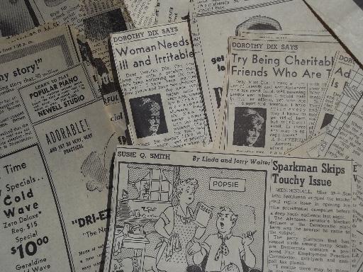huge lot old newspaper clippings, vintage cartoons, teen topics columns