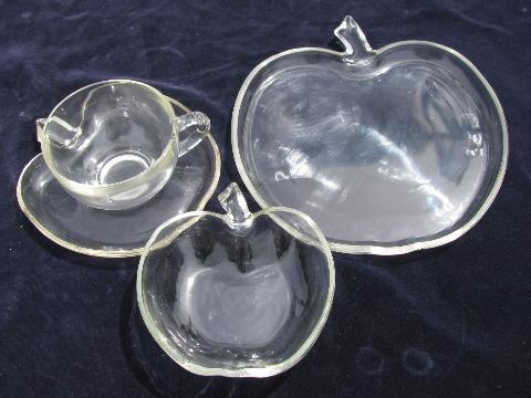huge lot vintage apple shaped Orchard glass dishes, set for 12
