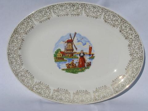 huge old Stetson china platter, vintage dutch scenes decal in bright colors