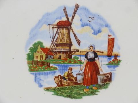 huge old Stetson china platter, vintage dutch scenes decal in bright colors