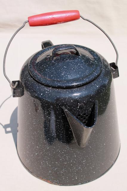 huge old farm kitchen coffee pot, primitive black & white graniteware enamel spatterware