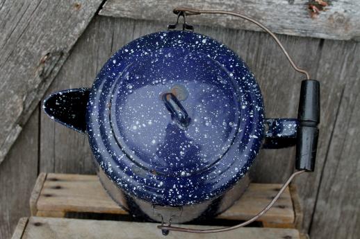huge old farm kitchen coffee pot, primitive blue & white spatterware enamel