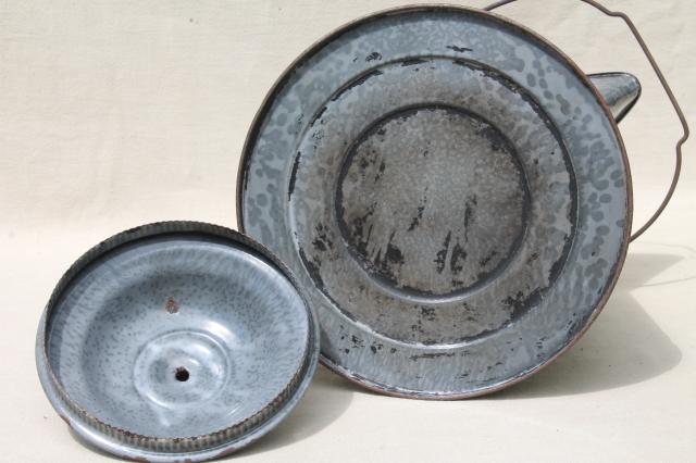 huge old farm kitchen coffee pot, primitive grey graniteware spatterware enamel