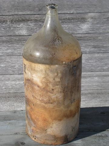 huge old glass chemical bottle in orig wood bandbox crate, 1940s vintage