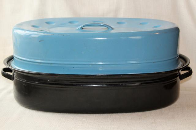 huge old granite enamelware roasting pan, vintage turkey roaster w/ blue enamel cover