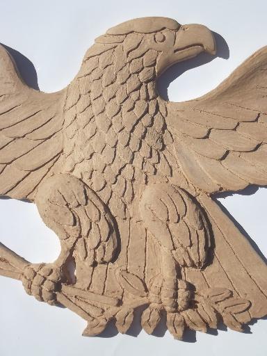 huge old hand carved wood Federal eagle, folk art wooden eagle wall plaque
