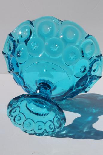 huge pedestal dish compote, vintage moon & stars pattern glass bowl in aqua blue