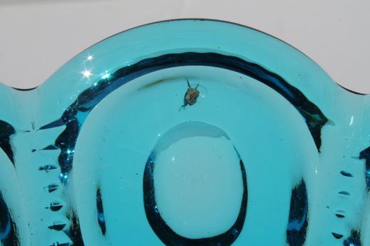 huge pedestal dish compote, vintage moon & stars pattern glass bowl in aqua blue