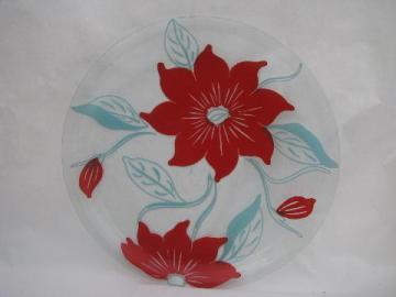 huge round glass platter or plate, retro poppy flowers in red