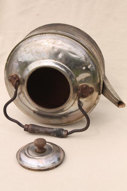 huge six quart tea kettle, vintage Rochester teakettle w/ primitive bail wood handle