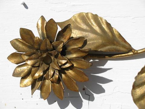 huge vintage Italian tole candelabra, antique gold flowers, wrought metal wall sconce