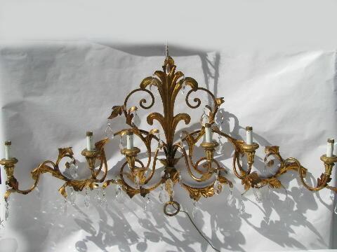 huge vintage Italian tole / glass prisms wall sconce lamp, candelabra candles electric light