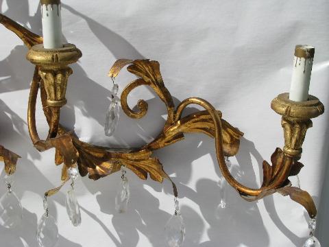 huge vintage Italian tole / glass prisms wall sconce lamp, candelabra candles electric light