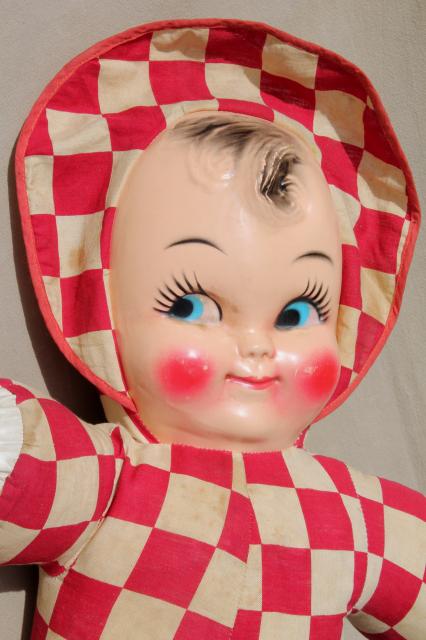 huge vintage baby face doll w/ red & white checked cotton soft body, carnival prize toy