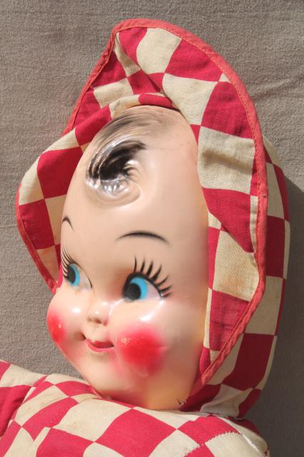 huge vintage baby face doll w/ red & white checked cotton soft body, carnival prize toy