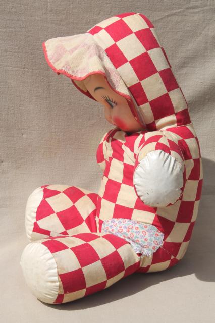 huge vintage baby face doll w/ red & white checked cotton soft body, carnival prize toy