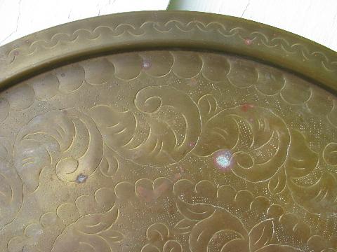 huge vintage tooled brass tray or table top, solid brass with floral design