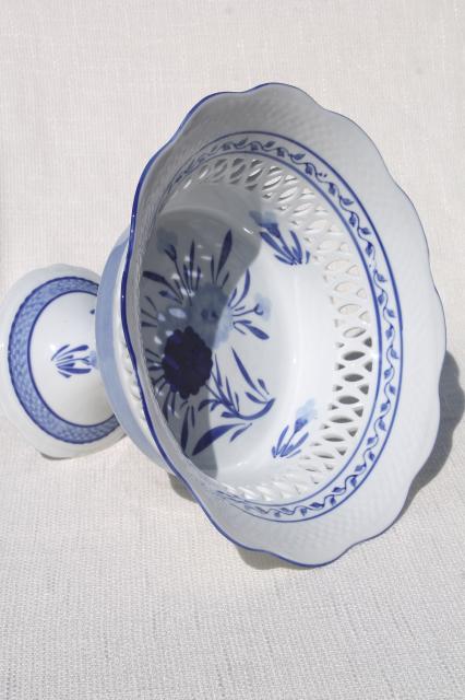 huge white china fruit stand or compote bowl w/ delft style design in blue