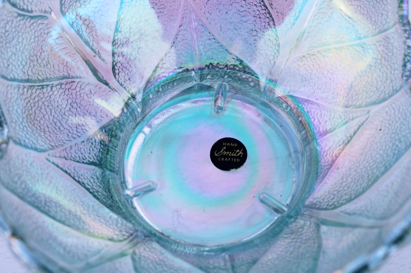 ice blue iridescent glass candle holder, Smith glass pebble textured cabbage leaf pattern