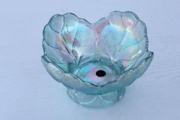 ice blue iridescent glass candle holder, Smith glass pebble textured cabbage leaf pattern