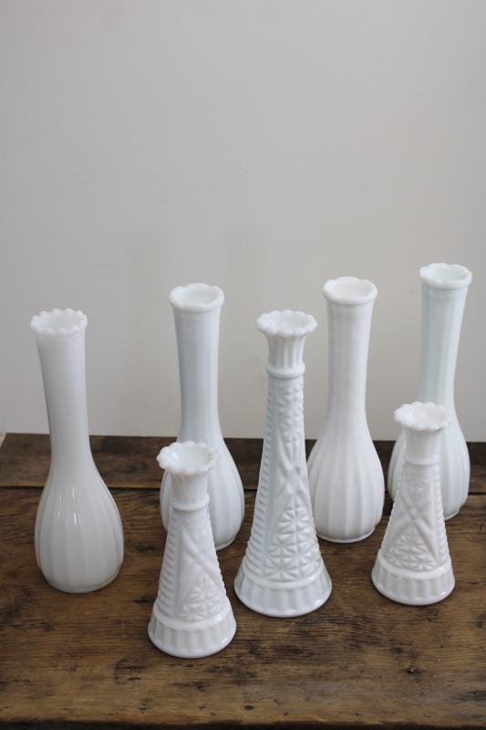 instant collection of vintage milk glass bud vases, florists vase lot