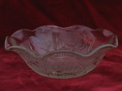 iris & herringbone pattern crimped ruffle edged bowls, vintage pressed glass