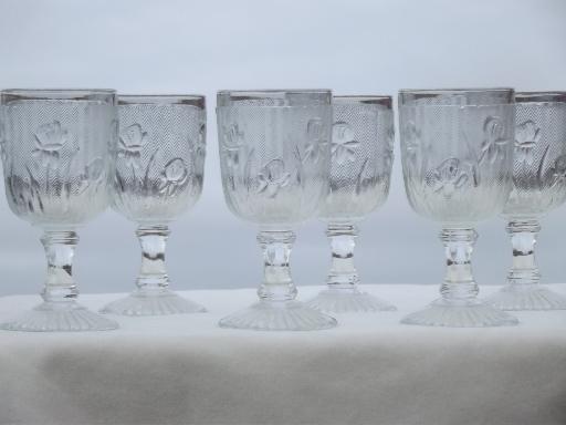 iris & herringbone pattern depression glass, vintage sherry wine glasses