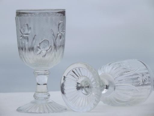 iris & herringbone pattern depression glass, vintage sherry wine glasses