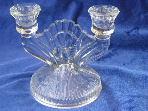 iris & herringbone pattern pair vintage pressed glass branched candlesticks