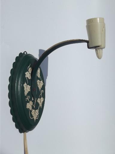 ivy green tole pin up reading lamp, vintage 40s wall sconce light